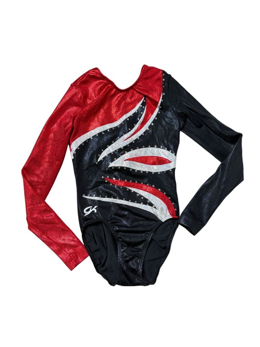 GK Elite Gymnastics Leotard Size CL Red Black Metallic Rhinestone Long Sleeve